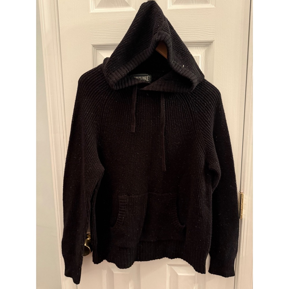 American Eagle Black Ribbed Knit Hoodie Sweater Mens Medium Grunge Raglan Pocket